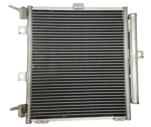 Mahindra cab air‑conditioning condenser assembly 12398303700 mounted in the hood area on 2538 HST Cab T4, 2545 Gear Cab T4, 2638 HST Cab and 2645 Gear Cab tractors, one condenser per tractor.