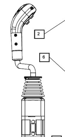Mahindra KMW14083086 OEM joystick lever (less cables) mounts at the operator’s right-hand position and connects via separate joystick cables to the loader control valve, allowing smooth multi-function control of lift, lower, curl, and dump on KMW 6075L and 6075CL front-end loaders.