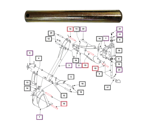 Mahindra KMW05509740 1.00 x 7.40 inch hardened steel backhoe boom pin, used at primary pivot joints on Mahindra 1710, 27/37/3720, MB60, 1526B, 1538B, 2538B/2538CB, 1626 and 1635 backhoes to connect boom, dipper and bucket linkage hardware.
​