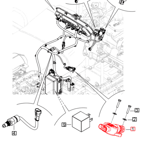 Mahindra 4‑way sealed clutch safety switch 007705619V1 used on 5145 and 5155 4WD tractors in the scuttle and transmission wiring harnesses to control clutch safety interlock circuits.