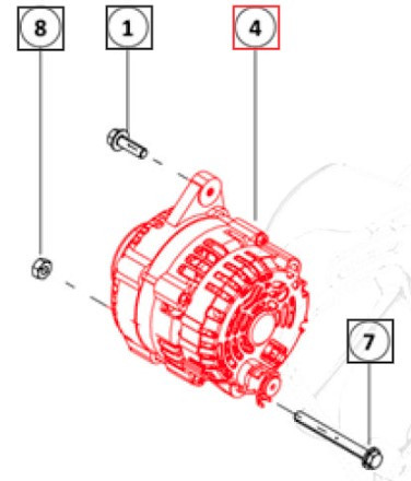 Mahindra 007707175K91 55‑amp alternator for 1120, 1123 and 1126 HST sub‑compact tractors, complete charging unit that drives off the engine to keep the battery charged and supply power to tractor lights and accessories.