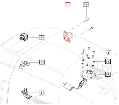 Mahindra 007707938N91 throttle position sensor assembly for 1120, 1123, 1126 and 2123/2126 tractors, compact electronic sensor that mounts in the throttle linkage to send position signals to the tractor’s control electronics.