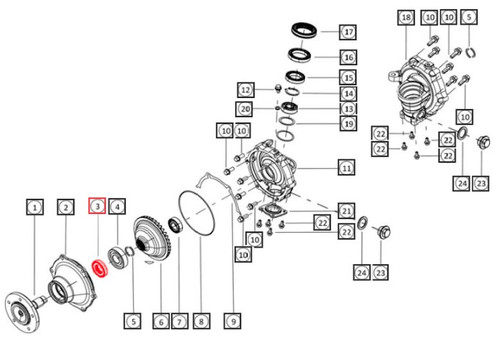 Mahindra 006517863V1 OEM unitised oil seal for PTO driven shafts and front axle hubs on 1120, 1123, and 1126 HST sub-compact tractors, designed with multiple sealing lips to keep lubricant in and contaminants out at critical transmission and front axle sealing points.