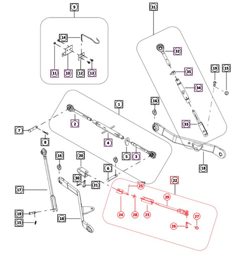 Mahindra check chain assembly 007220921K91 shown as a pair of adjustable hitch stabilizer chains with brackets that mount from the rear axle housing to each lower 3‑point lift arm on 1120, 1123 and 1126 HST sub‑compact tractors.