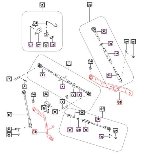Mahindra H07220866K11 OEM lower fixed link for 1120, 1123, and 1126 HST sub-compact tractors, serving as the lower lift arm on both left and right sides of the 3-point linkage assembly to support and stabilize mounted implements.