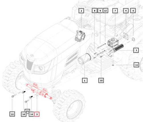 Mahindra 007221205K91 OEM power steering cylinder 45x30x164 for 1120, 1123, and 1126 HST sub-compact tractors, mounted in the hydraulic pump and steering assembly to actuate the front axle steering linkage; ball joint ends must be purchased separately.