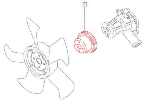 Mahindra 006054228K01 30N48 00500 water pump/fan pulley for 1100 Series 1120, 1123 and 1126 HST sub‑compact tractors, round metal multi‑groove pulley mounted on the water pump hub that drives the engine cooling fan with a V‑belt.