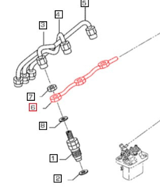 Mahindra 006054254K01 rigid fuel return pipe 30N61 11100 for 1100 Series 1120, 1123 and 1126 HST sub‑compact tractors with MHI engines, narrow metal line connecting injector leak‑off fittings back to the fuel return circuit.