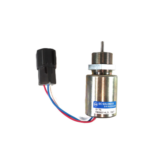 Mahindra fuel shut‑off solenoid 30A8710044 shown as a cylindrical 12‑volt solenoid with plunger, mounting flange and lock nut that mounts on the injection pump or governor housing of Mahindra Max and 1526 tractors to electronically shut down engine fuel supply.
​