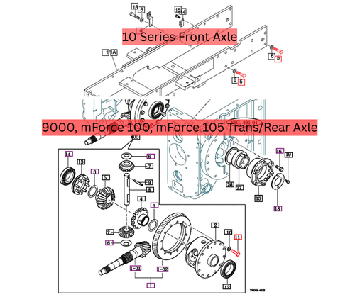 Mahindra hex fine M12 x 35 bolt V2024612035 V2144612035 used on 10 Series, mForce 100/105/105XL and 9000 Series tractors in front axle bracket and support, rear differential and 3‑point lift arm mounting locations.