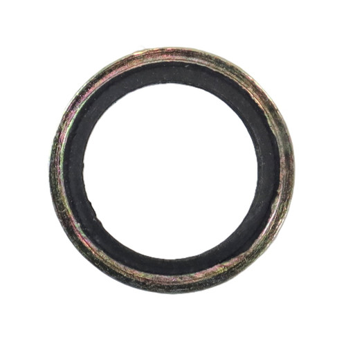 Mahindra Dowty washer 000709840R2 shown as a small metal washer with bonded rubber inner seal used to provide leak-free sealing under hydraulic fittings, banjo bolts and plugs on Mahindra hydraulic, steering and transmission components.