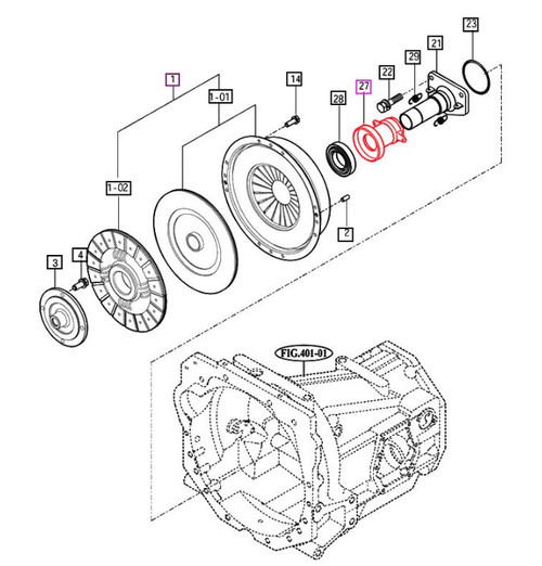 Mahindra clutch release bearing sleeve 19961210031M / 19961210030M shown as a tubular steel guide sleeve that the clutch release bearing slides on inside the bellhousing of Mahindra 6110, 2565 and 2665 Gear Cabin tractors.