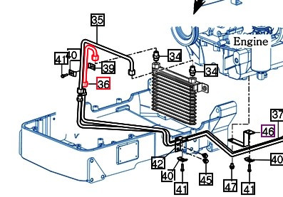 Mahindra oil cooler inlet pipe 12281063301GB shown as a formed metal tube that routes hot engine oil from the crankcase toward the intercooler/oil cooler assembly on Mahindra 2555, 2655 and 2660 HST tractors.