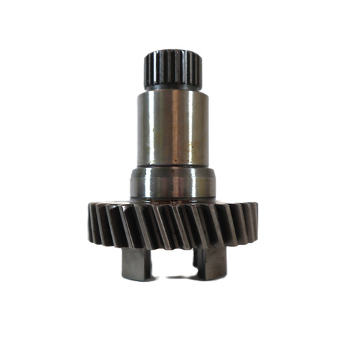 Close‑up of Mahindra hydraulic pump drive gear 006005061F1 showing a splined upper shaft and integral helical gear that installs in the engine front cover to drive the external gear‑type hydraulic pump on various Mahindra mid‑ and high‑horsepower tractors.