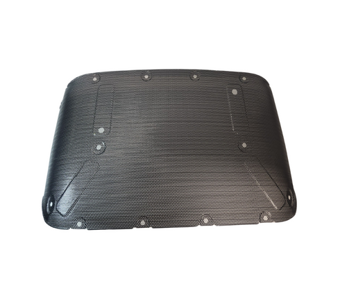 Mahindra perforated front grill screen E007544286B1 shown as a black metal mesh-style grill insert with mounting tabs that fits into the front hood opening on Mahindra 4025 T4 and 4500 Series 4540, 4550 and 4565 tractors to shield the radiator from debris.