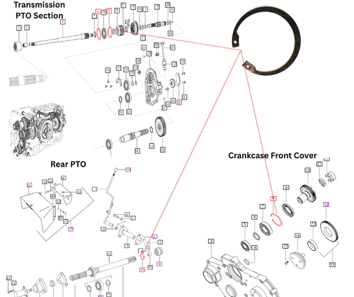 Mahindra circlip internal 72 mm x 2.5 000704385R1 is an internal retaining ring used to locate components on rear PTO shaft and operating lever assemblies on multiple tractors including 05 Series 3505, 25 Series 3525/4025/4525/5525/6025, 30 Series 4530/5530/6030/6530, 45/55/60 Series 4540/4550/7060 and others, typically one circlip per assembly. It is also widely used in engine crankcase front cover and front cover group assemblies on 4500/5500/6000/6500, 5520/6520/7520, 60 Series 7060/8560, mPower 75/85, 2500/2600 Series 2555/2565/2655/2665 and 6000/9000 Series engines, and in PTO section part 1 and wet PTO clutch groups on select 35, 3500, 3600 and 6000 Series tractors where it retains bearings or gears on PTO shafts.