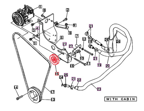 Mahindra cabin A/C compressor tension pulley 10446338000 for 3616 Gear/HST Cabin, 1538 HST Cabin T4, 1635 HST Cabin and 1640 HST Cabin tractors – OEM air-conditioning belt tension pulley from Bill’s Tractor & Equipment