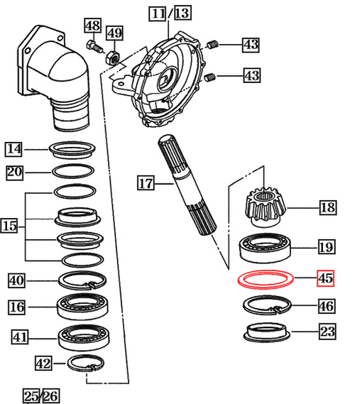 Mahindra shim 75X90X2 16704130060 is a 75 mm inner diameter, 90 mm outer diameter, 2 mm thick shim used in the front gear case on 10 Series tractors such as 2310 HST and 2810 HST 4WD (front gear case 2), 2310 and 2810 4WD gear new sheet metal, 3510 4WD gear and 4110 new sheet metal (front gear case part 1), 3510 HST, 4010 gear/HST, 4110 T4, 4510 cabin T2/T4, 5010 gear/gear cabin/HST cabin and 6010 HST cabin. The same vertical shaft shim is listed in the front axle/front gear case sections for 2500 Series 2540 gear T4, 2555 gear/HST/cabin T4, 2538 HST/cabin T4 and 2545 gear/gear cabin T4, as well as 2600 Series 2638 HST OS/cab, 2645 gear OS/cab and 2655 and 2660 gear/HST/PST OS and cabin tractors, where pairs of shims are used to correctly set bearing preload and gear mesh in the front gear case.