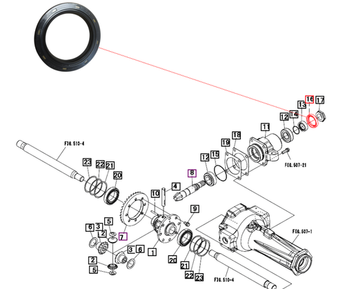 Mahindra oil seal 08401045629 is a front axle seal used in the front axle MFD (3/3) on 15 Series 2015 gear 4WD and 2015 HST 4WD and 16 Series 2216 gear and 2216 HST tractors, typically two seals per front axle to seal between the kingpin and final drive. The same kingpin-to-final-drive front axle oil seal is specified in the front axle groups on Max 22 HST, Max 25 HST, Max 24 HST, Max 25 XL HST and in the front axle (4/5 or 4/7) axle brake sections for 1500 and 1600 Series tractors such as 1533, 1538, 1635 and 1640 OS and cabin models.