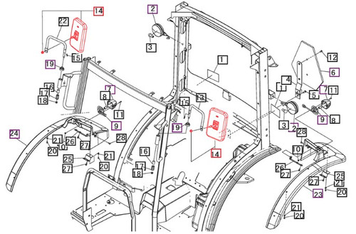 Mahindra cab rear/side mirror 19463541000 shown as an adjustable rectangular mirror head on a curved mounting arm that bolts to the cab frame, used in pairs on Mahindra 3616, 1538, 1635 and 1640 cab tractors for rear and side visibility.