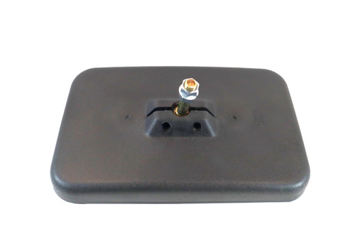 Mahindra cab rear/side mirror 19463541000 shown as an adjustable rectangular mirror head on a curved mounting arm that bolts to the cab frame, used in pairs on Mahindra 3616, 1538, 1635 and 1640 cab tractors for rear and side visibility.