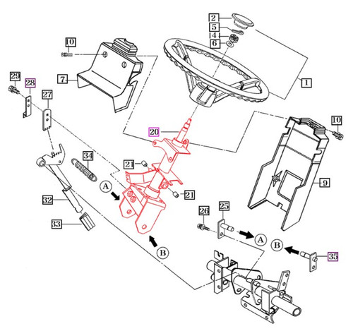 Mahindra steering column assembly 16754043205GB shown as a complete steering column unit with upper shaft, housing and mounting base that bolts to the dash and connects to the steering valve on Mahindra 3510 and 4110 tractors, replacing earlier column assemblies depending on serial number and sheet‑metal style.
