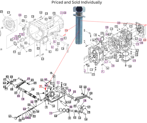 Mahindra bolt, w/washer M10x40 F1540110040 is used to mount HST transmissions on 15 Series 1815 HST and 16 Series 1816 HST tractors as well as on Max 22 and Max 25 HST and Max 24 HST and Max 25 XL HST models, with separate sets of eight and ten bolts called out in the transmission groups. The same M10x40 bolt with captive washer fastens hydraulic lift housings and rear axle or axle brake components on 15 and 16 Series 2415, 2815, 3215, 2516, 3016, 3316 and 3616 tractors, plus 1500 and 1600 Series 1526, 1533, 1538, 1626, 1635 and 1640 tractors and Max/Max XL models, where three bolts are typically used for hydraulic lift mounts and 12 or 18 are used around each rear axle housing.