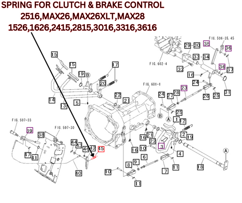 Mahindra multi-use spring 19740722000 for compact and utility tractors, OEM coil spring used on bonnet hinges and on clutch/brake control linkages on various 15, 16, 1500, 1600 and Max Series models.