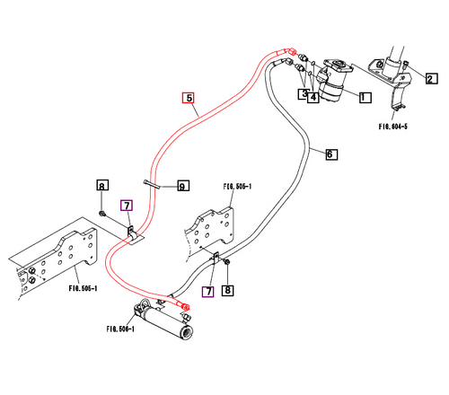 Left-hand steering hose 19482321000 for Mahindra 1533, 1538, and 1640 tractors, carrying hydraulic fluid between the power steering components in the steering circuit.