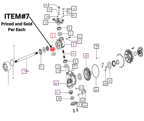 Mahindra E006505705D1 steel bevel gear intermediate reduction for 4WD front axles on 25, 35, 3500, 3600 and 4500 Series tractors such as 3535, 3540, 3550, 3640, 3650, 4025, 4035, 4535, 4540, 4550 and 5035, tapered bevel gear that transmits power from the differential to the wheel reduction hubs.
