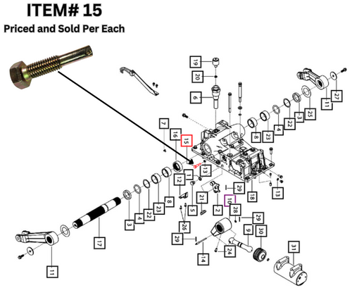 Mahindra 007204636C1 steel hydraulic pivot bolt for 5100, 6000 and 7000 Series tractors such as 5145, 5155, 6065, 6075, 7085 and 7095, shoulder‑style bolt that serves as the pivot for lift housing and position control actuating linkages.
​