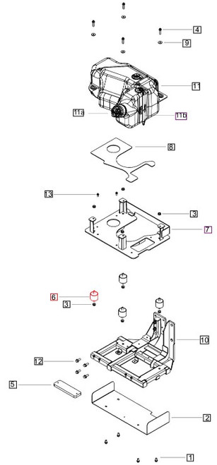 Mahindra AdBlue / DEF tank isolator 007643037U91, rubber mounting isolator for DEF tank used on Mahindra 7085, 7095, 8090 and 8100 cab tractors to reduce vibration and protect the plastic tank from chassis shock.
​