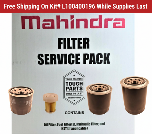 Mahindra Service Kit L1004000196 filter cross reference chart for Max24HST, Max25HST, Max25XLT HST, Max26HST, Max26XLTH, Max28HST, Max28Gear, Max26S, Max26XLTS showing oil, hydraulic, fuel, and HST filter part numbers