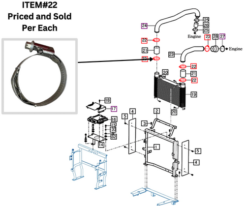 Mahindra hose clip Torro 50-70/12 W3 Wf 10031020700 is a Norma Torro WF stainless W3 worm-drive hose clamp sized 50–70 mm with a 12 mm band, used to secure intercooler hoses on 2500 Series 2555 gear and HST T4 and 2565 gear cabin T4 tractors in engine accessories and control intercooler groups. The same clamp is specified on 2600 Series 2655 gear/gear cabin and HST OS/cabin tractors and 2660 HST, HST cabin, PST and PST cabin, plus 2665 gear cabin and 2670 PST cabin models for intercooler and oil cooler hoses. Additional usage includes 9000 Series 9110P/S and 9125P/S cab tractors and mForce 100, 105 and 105XL premium and standard cabins, where it clamps intercooler piping and in some cases radiator hoses in the cooling and charge air systems.