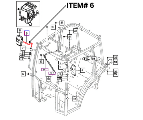 Mahindra stay, RH mirror 14527062310GB is the right-hand rearview mirror stay bracket used in mirror and sheet metal/cabin groups on 2500 Series cab tractors including 2538 HST cabin T4, 2545 gear cabin T4, 2555 gear and HST cabin T4 and 2565 gear cabin T4. It also fits 2600 Series cab tractors such as 2638 HST cab, 2645 gear cab, 2655 gear and HST cabin, 2660 HST and PST cabin, 2665 gear cabin and 2670 PST cabin in mirror and ROPS group 714 figures. Additional coverage includes 10 Series 5010 gear and HST cabins, 6010 HST cabin, 6110 gear cabin and multiple eMax tractors including eMax 22/25 steel gear and HST, eMax 25 steel cabin add-on, eMax L22/L25 HST cabin, eMax T4 cabin and eMax 20S HST cabin rearview mirror assemblies.