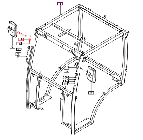 Mahindra stay, RH mirror 14527062310GB is the right-hand rearview mirror stay bracket used in mirror and sheet metal/cabin groups on 2500 Series cab tractors including 2538 HST cabin T4, 2545 gear cabin T4, 2555 gear and HST cabin T4 and 2565 gear cabin T4. It also fits 2600 Series cab tractors such as 2638 HST cab, 2645 gear cab, 2655 gear and HST cabin, 2660 HST and PST cabin, 2665 gear cabin and 2670 PST cabin in mirror and ROPS group 714 figures. Additional coverage includes 10 Series 5010 gear and HST cabins, 6010 HST cabin, 6110 gear cabin and multiple eMax tractors including eMax 22/25 steel gear and HST, eMax 25 steel cabin add-on, eMax L22/L25 HST cabin, eMax T4 cabin and eMax 20S HST cabin rearview mirror assemblies.