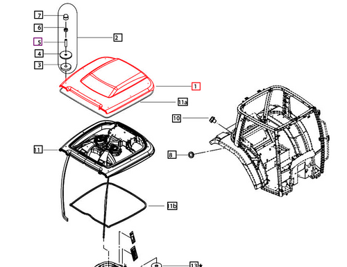 Mahindra OEM top roof assembly E007518009D91 for 7060 8560 6065 6075 7095 8090 8100 and mPower 75P 85P cab tractors, replacement cab roof panel for factory-fit durability.