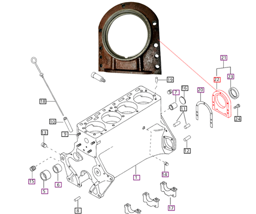 Mahindra retainer crankshaft 001231551R1 is the machined rear crankshaft seal retainer used with the rear main oil seal in crankcase with oil pan assemblies on 05 Series engines (3505, 4505, C4005, E350, 5005, 475 DI, 485 DI, 575 DI), where it bolts to the rear of the block to support and locate the rear seal around the crankshaft flange. This rear seal retainer is also specified in crankcase with oil pan part 1/2 groups on many newer Mahindra engines used in 1500, 1600, 25, 2500, 2600, 35, 3500, 3600 and 4500 Series tractors, serving as the common carrier for the rear main crankshaft oil seal across a wide engine family.