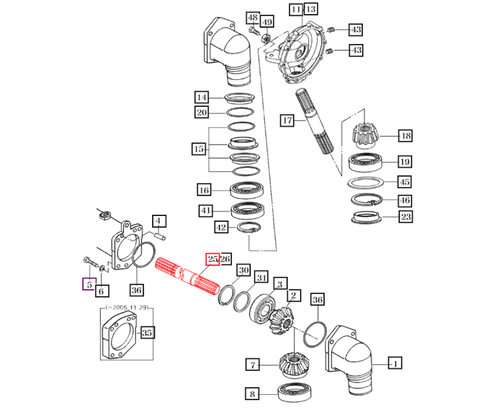 Mahindra front gear case shaft 16734350010 (shaft 528) used in the front gear case/front axle assembly on 10 Series 3510, 4110, 4510, 5010, 6010 and 2500/2600 Series 2555 and 2660 tractors to support and drive the front differential gears.