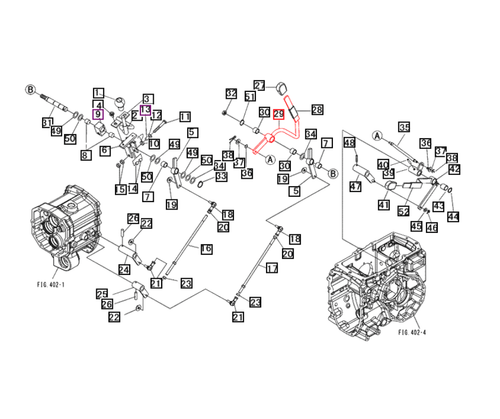 Mahindra transmission sub shift lever 19457761AG0 used in the transmission control (T/M control) linkage on 3016 Gear, 3616 Gear 4WD, 1526 Gear 4WD T4, and 1626 Gear/Refresh tractors to operate the gear and range selection.