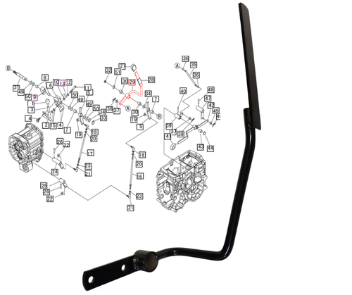Mahindra transmission sub shift lever 19457761AG0 used in the transmission control (T/M control) linkage on 3016 Gear, 3616 Gear 4WD, 1526 Gear 4WD T4, and 1626 Gear/Refresh tractors to operate the gear and range selection.