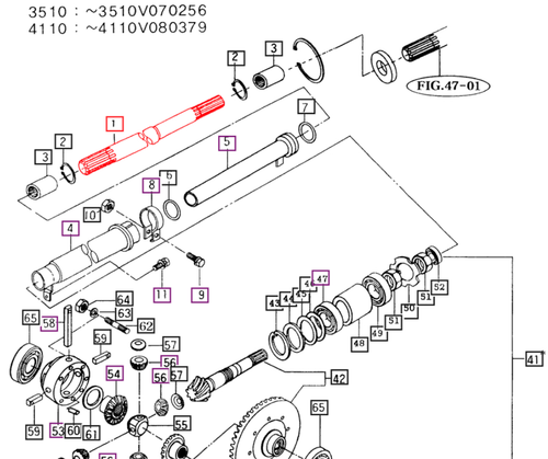 Mahindra front propeller shaft 16504310010 (D=25) used as the front drive shaft between the transmission and front differential on 10 Series 3510 and 4110 4WD tractors with old and new sheet metal.