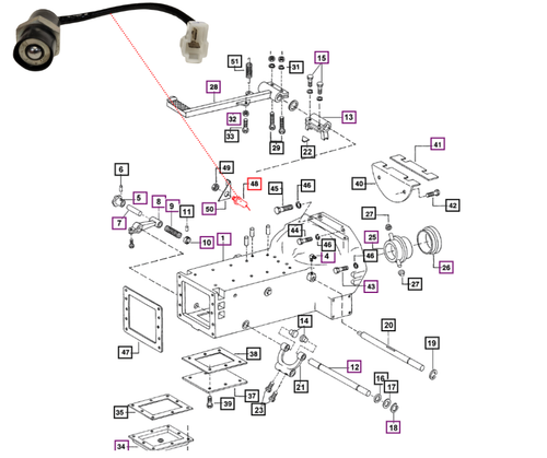 Mahindra safety clutch pedal switch with harness 005554693R91 used on 4505, C4005, 5005 and 475 DI/E40 tractors to sense clutch pedal position and prevent the engine from starting unless the clutch is depressed.