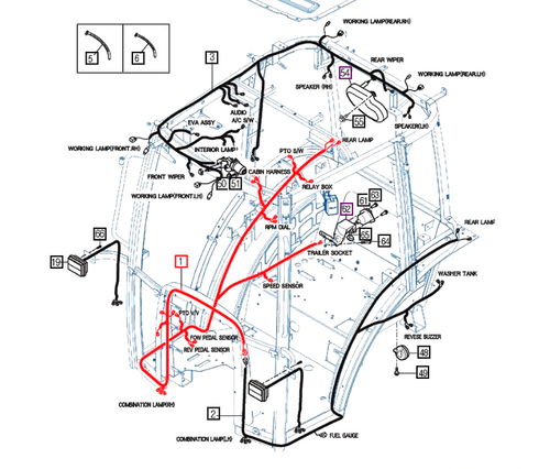 Mahindra rear wiring harness 11466683100 for 2660 HST Cabin tractors, complete OEM rear electrical harness that connects rear lights and other rear-mounted electrical components in the tractor’s rear electrical system.