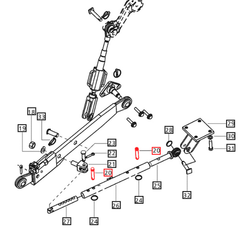 Mahindra stabilizer strut pin 007201963D1 for 20 Series, 60 Series, 8000 Series and mPower 75/85 tractors, OEM 3-point hitch pin that fastens the stabilizer struts to control side-to-side movement of the lower lift arms. Priced and Sold Per Each.