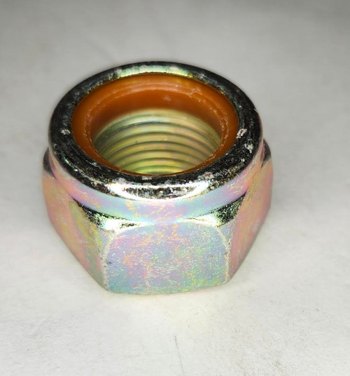 Mahindra 007602877C1 silver nylock nut M18 x 1.5 used on front axle tie rod and steering guard plate assemblies for 25, 35, 3500, 3600 and 4500 Series tractors such as 4025, 3535, 4035, 4535, 5035, 3540, 3550, 3640, 3650, 4540 and 4550.