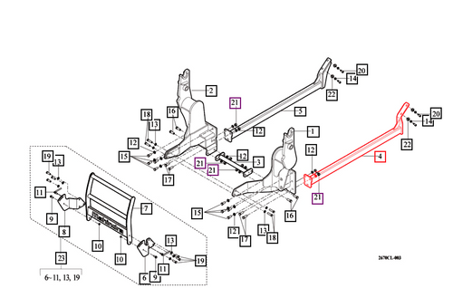 Mahindra left hand rear loader mounting frame 86101004000 86101004000GB heavy welded side rail bracket for ML161 2565CL 2665CL and 2670CL cabin loader mounting frame assemblies.