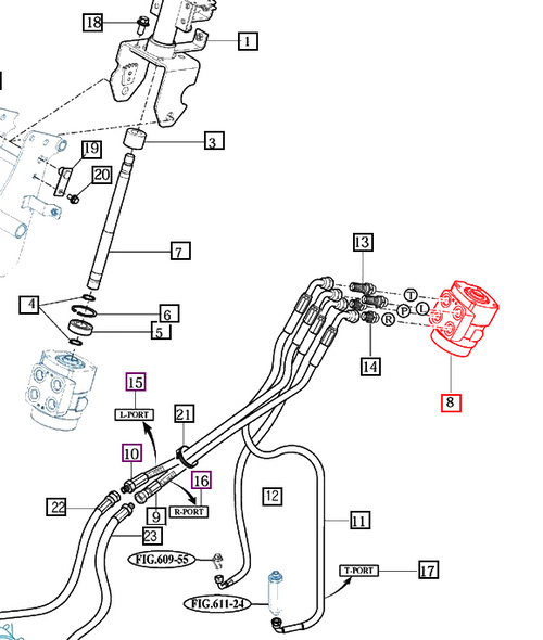 Mahindra power steering valve 19994072000 hydraulic steering control valve used on 6110 7010 2565 2665 2660 and 2670 tractor power steering systems.