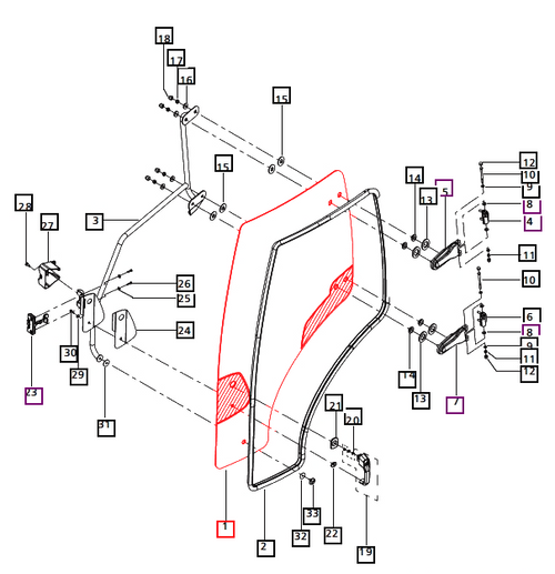 Mahindra left hand cab door glass E007518911D1 curved safety door window for 3540 3550 3640 3650 PST and HST T4 tractor cabs.