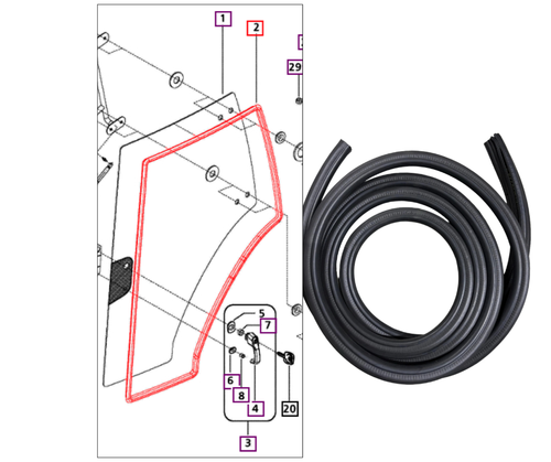 Mahindra EPDM cab door beading E007517323D1 4.5 meter rubber weatherstrip seal for left and right doors on 3540 3550 3640 3650 PST and HST T4 tractor cabs.